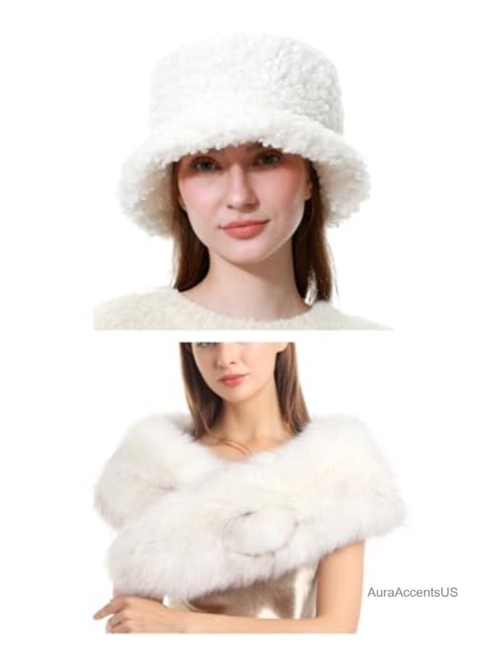 Faux Fur Bucket Hat & Collar Scarf 2 Piece Set Quilted Lined Winter